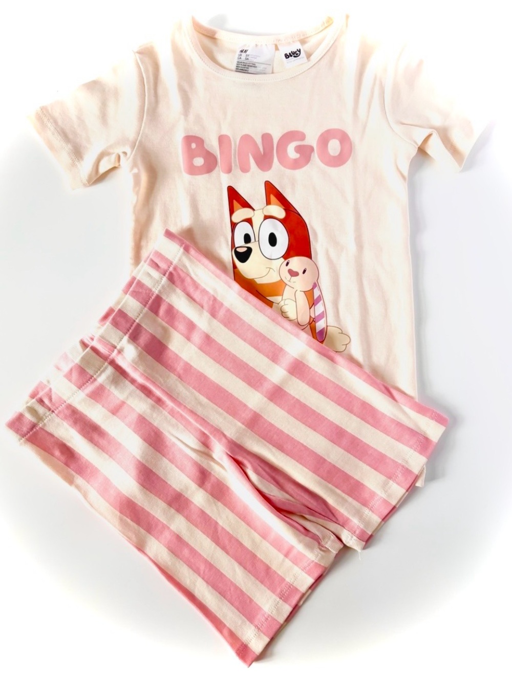 NWOT H&M Bingo Fluffy Cream Tee + Pink Stripe Shorts Set | 5Y